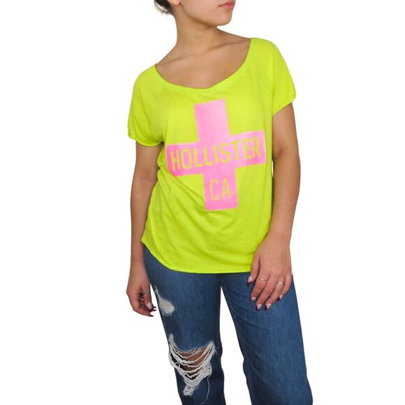 Hollister Tops - Y2k Hollister Neon Graphic Tee with Pink Cross & Logo Small